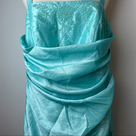 ONYX Nite Sleeveless Solid Blue Wrap Long Prom Dress with beading size 14W - Picture 7 of 15
